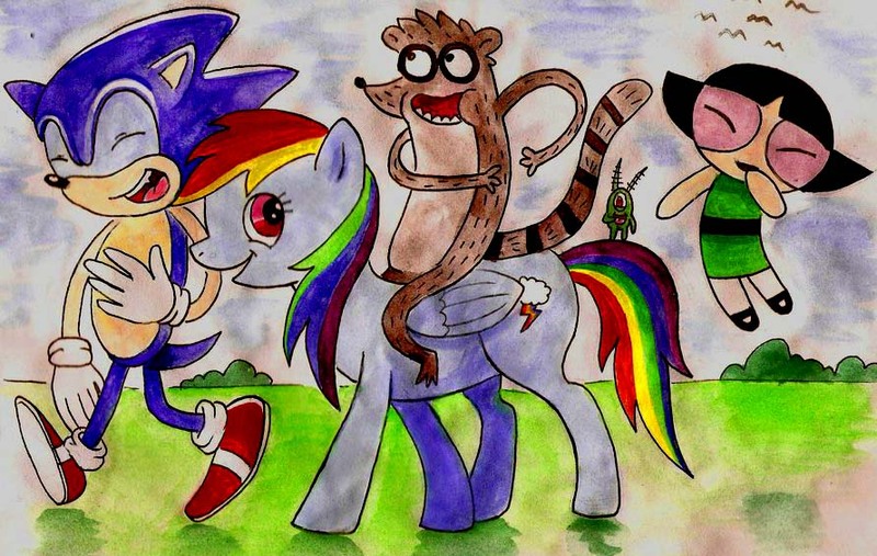 Size: 890x564 | Tagged: artist:katiematie, buttercup (powerpuff girls), crossover, derpibooru import, rainbow dash, regular show, ride, rider, riding, rigby, safe, sheldon j. plankton, sonic the hedgehog, sonic the hedgehog (series), spongebob squarepants, the powerpuff girls, traditional art