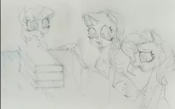Size: 1441x900 | Tagged: safe, artist:jericoanon, derpibooru import, starlight glimmer, sunset shimmer, twilight sparkle, twilight sparkle (alicorn), alicorn, pony, unicorn, book, counterparts, reading, traditional art, twilight's counterparts