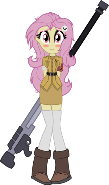 Size: 3714x6306 | Tagged: safe, artist:shadyhorseman, derpibooru import, fluttershy, bat pony, bats!, equestria girls, anti-tank rifle, arbmos, bat ponified, bfg, bitches love cannons, blushing, boots, cannon, clothes, crossover, cute, equestria girls-ified, fangs, flutterbat, gun, hellsing, looking at you, parody, police girl, race swap, rifle, seras victoria, shoes, simple background, skirt, smiling, socks, solo, thigh highs, weapon, zettai ryouiki