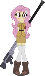 Size: 3714x6306 | Tagged: safe, artist:shadyhorseman, derpibooru import, fluttershy, bat pony, bats!, equestria girls, anti-tank rifle, arbmos, bat ponified, bfg, bitches love cannons, blushing, boots, cannon, clothes, crossover, cute, equestria girls-ified, fangs, flutterbat, gun, hellsing, looking at you, parody, police girl, race swap, rifle, seras victoria, shoes, simple background, skirt, smiling, socks, solo, thigh highs, weapon, zettai ryouiki