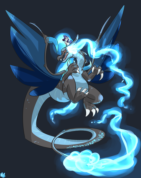 Size: 5168x6500 | Tagged: safe, artist:ogaraorcynder, derpibooru import, rarity, absurd resolution, crossover, cute, fire, mega charizard x, mega evolution, nintendo, open mouth, pokémon, raribetes, tongue out