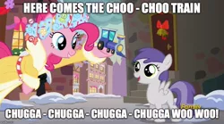 Size: 899x500 | Tagged: a hearth's warming tail, caption, cute, derpibooru import, edit, edited screencap, image macro, meme, pinkie pie, safe, screencap, spirit of hearth's warming presents, text, tornado bolt, train