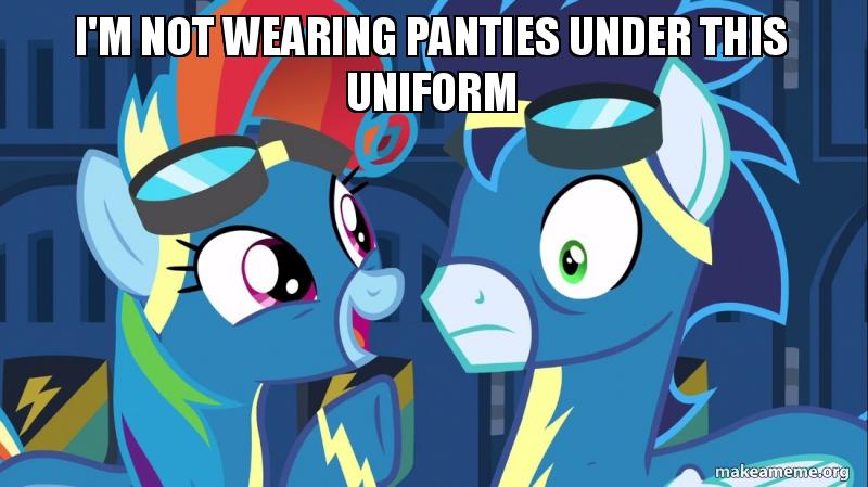 Size: 800x449 | Tagged: safe, derpibooru import, edit, edited screencap, screencap, rainbow dash, soarin', pony, newbie dash, caption, clothes, image macro, meme, rainbow fash, text, uniform, we don't normally wear clothes, wonderbolts uniform