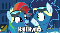 Size: 501x280 | Tagged: safe, derpibooru import, screencap, rainbow dash, soarin', pony, newbie dash, clothes, hail hydra, impact font, meme, rainbow fash, text, uniform, wonderbolts uniform