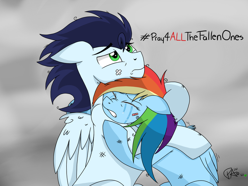 Size: 2048x1536 | Tagged: safe, artist:pimpartist101, derpibooru import, rainbow dash, soarin', pony, crying, female, hug, male, shipping, soarindash, straight