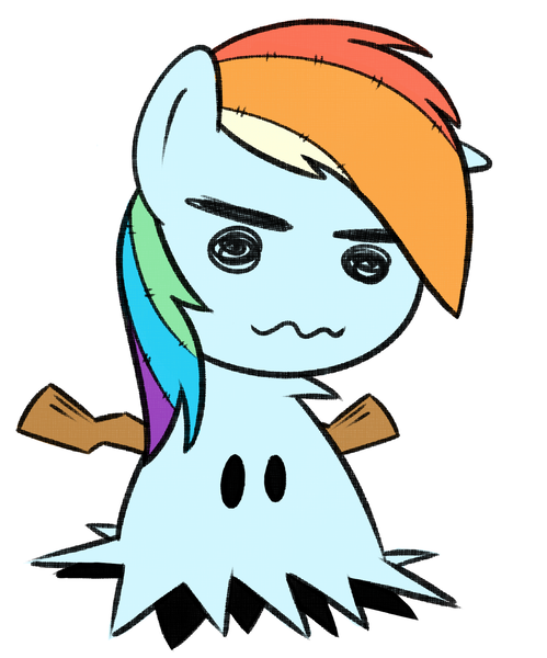 Size: 1270x1527 | Tagged: derpibooru import, mimikyu, pokémon, ragdoll, rainbow dash, safe, simple background, solo, sticks, white background