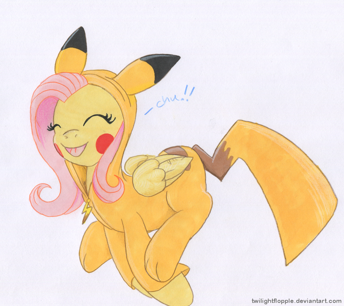 Size: 1009x900 | Tagged: artist:foxxy-arts, clothes, costume, cute, derpibooru import, fluttershy, kigurumi, pikachu, pokémon, safe, shyabetes