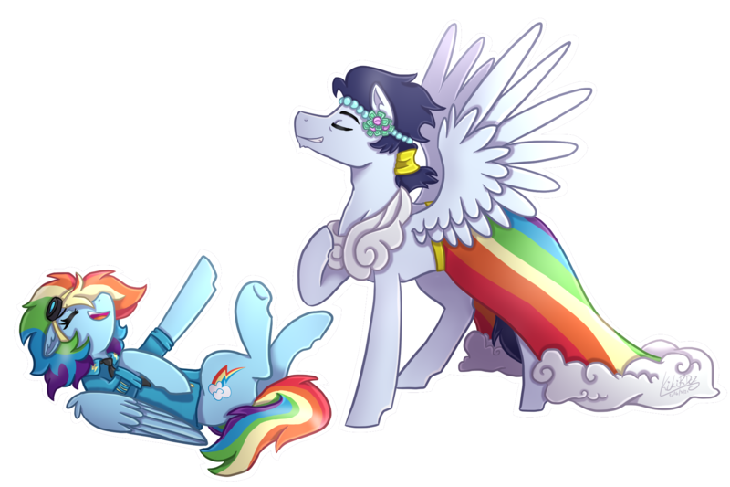 Size: 2100x1400 | Tagged: safe, artist:kikirdcz, derpibooru import, rainbow dash, soarin', pony, a canterlot wedding, 30 day otp challenge, bridesmaid dress, clothes, clothes swap, crossdressing, dress, eyes closed, female, goggles, laughing, male, open mouth, raised hoof, shipping, simple background, soarindash, straight, transparent background, uniform, wonderbolts dress uniform