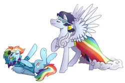 Size: 2100x1400 | Tagged: safe, artist:kikirdcz, derpibooru import, rainbow dash, soarin', pony, a canterlot wedding, 30 day otp challenge, bridesmaid dress, clothes, clothes swap, crossdressing, dress, eyes closed, female, goggles, laughing, male, open mouth, raised hoof, shipping, simple background, soarindash, straight, transparent background, uniform, wonderbolts dress uniform