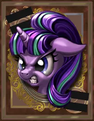 Size: 700x900 | Tagged: angry, artist:harwick, bust, derpibooru import, equal sign, floppy ears, glare, gritted teeth, harwick's sun/moon portraits, nose wrinkle, portrait, safe, solo, starlight glimmer