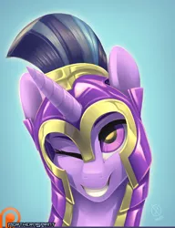 Size: 1024x1333 | Tagged: safe, artist:northernsprint, derpibooru import, twilight sparkle, pony, unicorn, accessory theft, female, grin, mare, one eye closed, patreon, patreon logo, shining armor's helmet, signature, smiling, solo, wink