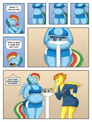 Size: 3000x4000 | Tagged: abs, anthro, artist:lordstormcaller, belly, belly button, big breasts, breasts, busty rainbow dash, chubby, cleavage, clothes, comic, comic:an athlete's appetite, derpibooru import, eating, fat, female, food, gilligan cut, midriff, need to go on a diet, need to lose weight, overeating, part of a series, part of a set, rainblob dash, rainbow dash, scale, series:an athlete's appetite, shorts, spitfire, sports bra, stuffed, stuffing, suggestive, unguligrade anthro, weight gain