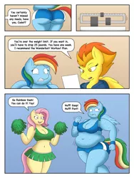 Size: 3000x4000 | Tagged: suggestive, artist:lordstormcaller, derpibooru import, part of a set, fluttershy, rainbow dash, spitfire, anthro, bat pony, unguligrade anthro, comic:an athlete's appetite, series:an athlete's appetite, belly button, big breasts, breasts, busty fluttershy, busty rainbow dash, cheerleader, cleavage, clothes, comic, dialogue, exercise, fat, female, flutterbat, midriff, miniskirt, obese, out of shape, part of a series, pleated skirt, pom pom, race swap, rainblob dash, shorts, skirt, speech bubble, sweat, the ass was fat, this will end in pain, treadmill, wide hips