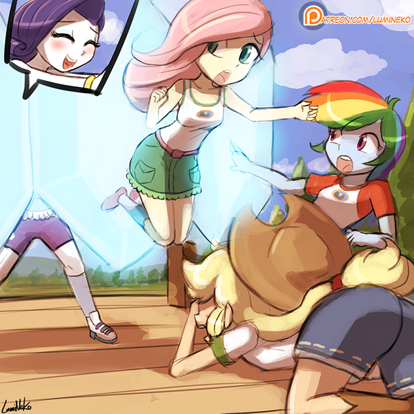 Size: 750x750 | Tagged: safe, artist:lumineko, derpibooru import, applejack, fluttershy, rainbow dash, rarity, equestria girls, legend of everfree, applejack's hat, ass, blushing, butt, clothes, cloud, cowboy hat, eyes closed, female, hat, open mouth, patreon, patreon logo, power out of control, scene interpretation, shield, shoes, shorts, skirt, sky, socks, tanktop, that was fast