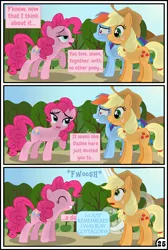 Size: 3254x4837 | Tagged: safe, artist:gutovi, derpibooru import, applejack, pinkie pie, rainbow dash, pony, comic:why me!?, absurd resolution, appledash, applepie, bedroom eyes, comic, female, lesbian, mare, shipping