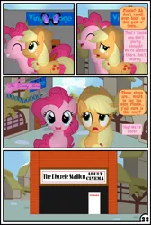 Size: 3254x4837 | Tagged: suggestive, artist:gutovi, derpibooru import, applejack, pinkie pie, vinyl scratch, pony, comic:why me!?, absurd resolution, applepie, comic, female, females only, implied bdsm, implied prostitution, implied vinyl scratch, lesbian, mare, porn movie theater, shipping, theater