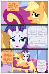 Size: 3254x4837 | Tagged: suggestive, artist:gutovi, derpibooru import, applejack, rarity, pony, comic:why me!?, absurd resolution, carousel boutique, comic, fainting couch, female, females only, lesbian, mare, massage, rarijack, shipping