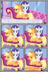 Size: 3254x4837 | Tagged: suggestive, artist:gutovi, derpibooru import, applejack, rarity, pony, comic:why me!?, absurd resolution, carousel boutique, comic, fainting couch, female, females only, grope, lesbian, mare, massage, rarijack, shipping