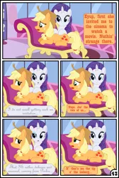 Size: 3254x4837 | Tagged: suggestive, artist:gutovi, derpibooru import, applejack, rarity, pony, comic:why me!?, absurd resolution, carousel boutique, comic, fainting couch, female, females only, lesbian, mare, massage, rarijack, shipping