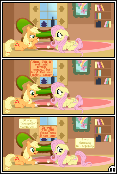 Size: 6508x9674 | Tagged: suggestive, artist:gutovi, derpibooru import, applejack, fluttershy, pony, comic:why me!?, absurd resolution, appleshy, blushing, coffee, comic, female, females only, fluttershy's cottage, implied appleshy, implied lesbian, implied shipping, implied vaginal secretions, lesbian, love nectar, mare, shipping, signature