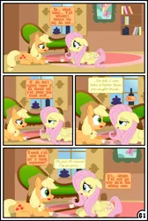 Size: 3254x4837 | Tagged: suggestive, artist:gutovi, derpibooru import, applejack, fluttershy, pony, comic:why me!?, absurd resolution, appleshy, bedroom eyes, blushing, coffee, comic, female, females only, fluttershy's cottage, implied vaginal secretions, lesbian, love nectar, mare, shipping, signature