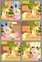 Size: 3254x4837 | Tagged: suggestive, artist:gutovi, derpibooru import, applejack, fluttershy, pony, comic:why me!?, absurd resolution, appleshy, bad touch, bedroom eyes, blushing, coffee, comic, female, females only, fluttershy's cottage, lesbian, mare, molestation, personal space invasion, shipping, signature, spread wings, wingboner, wings