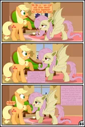 Size: 3254x4837 | Tagged: suggestive, artist:gutovi, derpibooru import, applejack, fluttershy, bat pony, pony, comic:why me!?, absurd resolution, appleshy, bat ponified, bedroom eyes, blushing, coffee, comic, female, females only, flutterbat, fluttershy's cottage, lesbian, mare, race swap, shipping, signature, spread wings, tongue out, wingboner, wings