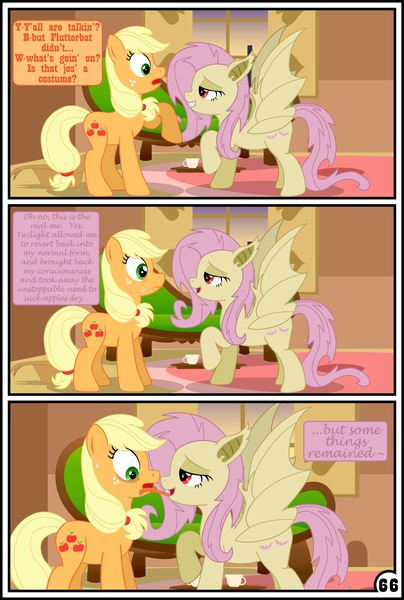 Size: 3254x4837 | Tagged: suggestive, artist:gutovi, derpibooru import, applejack, fluttershy, bat pony, pony, comic:why me!?, absurd resolution, appleshy, bat ponified, bedroom eyes, blushing, coffee, comic, face licking, female, females only, flutterbat, fluttershy's cottage, image, jpeg, lesbian, licking, long tongue, mare, race swap, shipping, signature, spread wings, tongue out, wingboner, wings