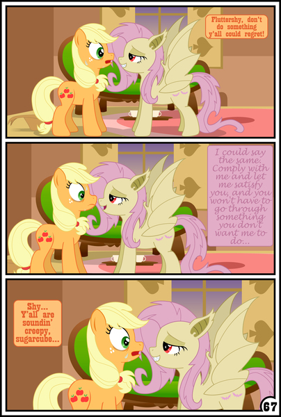 Size: 3254x4837 | Tagged: suggestive, artist:gutovi, derpibooru import, applejack, fluttershy, bat pony, pony, comic:why me!?, absurd resolution, appleshy, bat ponified, bedroom eyes, blushing, comic, female, females only, flutterbat, fluttershy's cottage, lesbian, licking, mare, race swap, shipping, signature, spread wings, tongue out, wingboner, wings