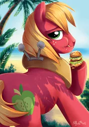 Size: 566x800 | Tagged: safe, artist:yulyeen, derpibooru import, big macintosh, earth pony, pony, big mac (burger), burger, eating, food, hamburger, male, mcdonald's, meat, ponies eating meat, solo, stallion