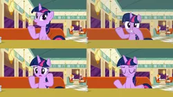 Size: 1280x720 | Tagged: safe, derpibooru import, edit, edited screencap, screencap, twilight sparkle, twilight sparkle (alicorn), alicorn, pony, the saddle row review, background pony, booth, comic, loss (meme), screencap comic, sitting, table, window