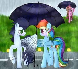 Size: 1024x905 | Tagged: dead source, safe, artist:northlights8, derpibooru import, rainbow dash, soarin', oc, pony, colored wings, colored wingtips, female, male, rain, shipper on deck, shipping, soarindash, straight, umbrella, wings