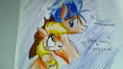 Size: 1280x720 | Tagged: applejack, arm around neck, artist:holothewisewolf83, derpibooru import, female, flashjack, flash sentry, jumpin' jack flash, male, safe, shipping, straight, text, traditional art