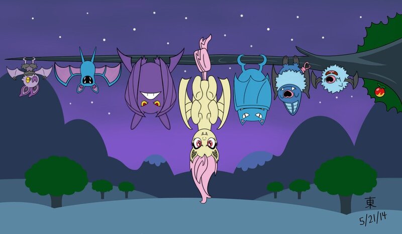 Size: 1024x597 | Tagged: safe, artist:jazzytyfighter, derpibooru import, fluttershy, bat pony, crobat, golbat, noibat, pony, swoobat, woobat, zubat, bat ponified, crossover, cute, flutterbat, hanging, leppa berry, pokémon, prehensile tail, race swap, shyabates, shyabetes, upside down