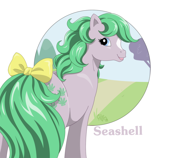 Size: 1093x982 | Tagged: safe, artist:kuro-rakuen, derpibooru import, seashell (g1), earth pony, pony, bow, butt, g1, plot, solo, star (coat marking), tail bow