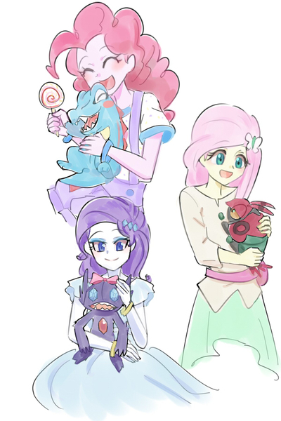 Size: 600x900 | Tagged: safe, artist:misochikin, derpibooru import, fluttershy, pinkie pie, rarity, sableye, totodile, equestria girls, anime, clothes, comic, crossover, dress, japanese, manga, pixiv, pokémon, translation request, venipede