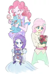 Size: 600x900 | Tagged: safe, artist:misochikin, derpibooru import, fluttershy, pinkie pie, rarity, sableye, totodile, equestria girls, anime, clothes, comic, crossover, dress, japanese, manga, pixiv, pokémon, translation request, venipede