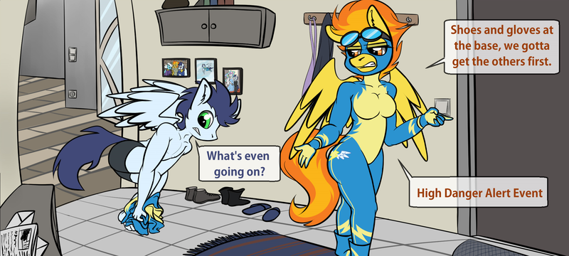 Size: 2308x1038 | Tagged: anthro, artist:duop-qoub, bare chest, barefoot, boxers, breasts, clothes, cropped, derpibooru import, edit, feet, female, goggles, partial nudity, plantigrade anthro, safe, sexy, soarin', spitfire, stupid sexy spitfire, topless, underwear, uniform, wonderbolts, wonderbolts uniform