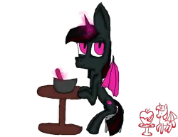 Size: 920x709 | Tagged: safe, artist:theneptune-arts, derpibooru import, oc, oc:night rose (ice1517), unofficial characters only, alicorn, bat pony, bat pony alicorn, pony, alicorn oc, baking, bat wings, bowl, cute, horn, one eye closed, solo, spoon, stirring, stool, table, wings