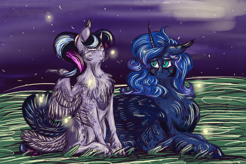 Size: 1200x800 | Tagged: artist:silvy-fret, derpibooru import, female, firefly (insect), fluffy, insect, magical lesbian spawn, male, mother and child, mother and son, night, oc, oc:sirius, offspring, parent:princess luna, parents:twiluna, parent:twilight sparkle, prone, safe, sitting, unofficial characters only, unshorn fetlocks