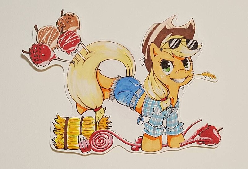 Size: 960x653 | Tagged: safe, artist:spirit-woods, derpibooru import, applejack, earth pony, pony, apple, bucking, candy, candy apple (food), clothes, cowboy hat, daisy dukes, female, food, front knot midriff, grin, hat, hay bale, mare, marker drawing, midriff, shorts, smiling, solo, straw, sunglasses, traditional art