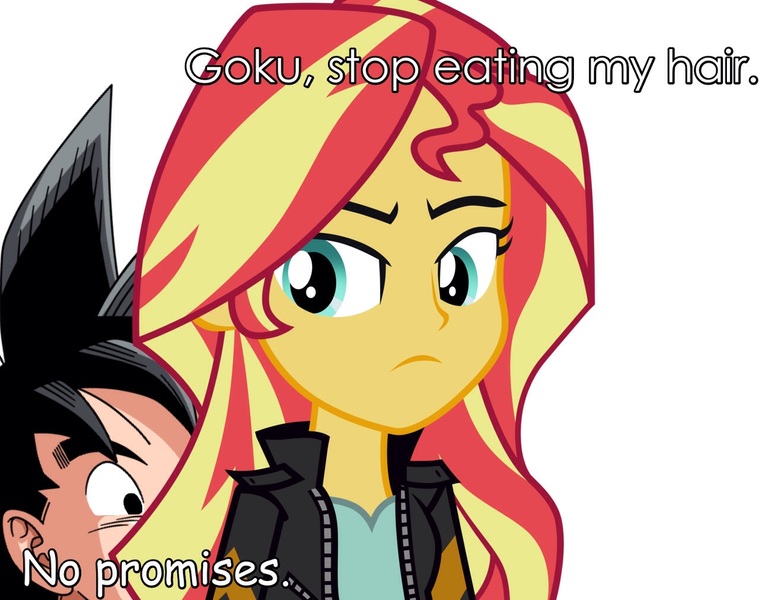 Size: 1280x1012 | Tagged: safe, derpibooru import, sunset shimmer, equestria girls, bacon, bacon hair, blouse, clothes, crack shipping, cute, dragon ball z, dragonball z abridged, feminist, food, goku, gonset, goq&a, hair eating, image, imminent clobbering, jacket, jpeg, leather jacket, masakox, meat, shimmerbetes, shipping, sunsass shimmer, wat