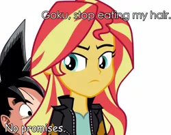 Size: 1280x1012 | Tagged: safe, derpibooru import, sunset shimmer, equestria girls, bacon, bacon hair, crack shipping, dragon ball z, dragonball z abridged, food, goku, gonset, goq&a, hair eating, masakox, meat, shipping, wat