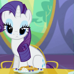Size: 501x501 | Tagged: safe, derpibooru import, screencap, rarity, pony, unicorn, castle sweet castle, :<, animated, behaving like a cat, blinking, chair, cute, female, food, frown, looking at you, mare, pancakes, raribetes, raricat, rarity looking at food, sad, sitting, solo