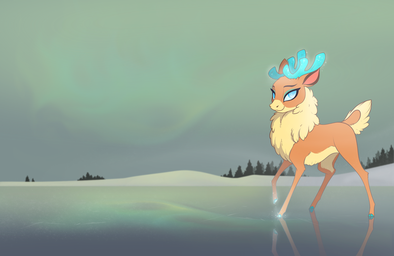 Size: 2000x1300 | Tagged: safe, artist:28gooddays, derpibooru import, velvet reindeer, deer, reindeer, them's fightin' herds, community related, ice, raised hoof, smiling, solo, wallpaper, winter