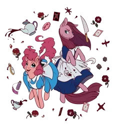 Size: 1205x1300 | Tagged: safe, artist:28gooddays, derpibooru import, pinkie pie, earth pony, pony, alice in wonderland, american mcgee's alice, clothes, crossover, dress, duality, duo, ear fluff, knife, pinkamena diane pie, simple background, transparent background, vorpal blade