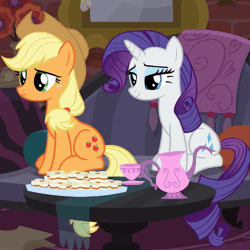 Size: 635x635 | Tagged: safe, derpibooru import, screencap, applejack, rarity, earth pony, pony, unicorn, made in manehattan, animated, applejack's hat, cowboy hat, cup, cute, eating, female, food, glowing horn, hat, horn, jackabetes, magic, mare, mouth hold, nom, open mouth, raritea, sitting, smiling, tea, tea time, teacup, teapot, telekinesis