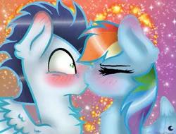 Size: 665x506 | Tagged: safe, artist:selenedalune, derpibooru import, rainbow dash, soarin', pony, blushing, female, kissing, male, shipping, soarindash, straight, surprise kiss