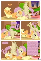 Size: 3254x4837 | Tagged: suggestive, artist:gutovi, derpibooru import, applejack, fluttershy, bat pony, earth pony, pony, comic:why me!?, 69 (number), 69 position, appleshy, bat ponified, comic, female, females only, flutterbat, fluttershy's cottage, imminent sex, lesbian, mare, oral, race swap, sex, shipping, wide eyes