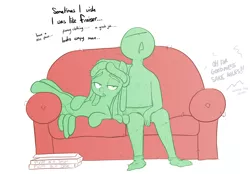 Size: 1180x821 | Tagged: safe, artist:shoutingisfun, derpibooru import, tree hugger, oc, oc:anon, earth pony, human, pony, anon's couch, clothes, couch, dialogue, female, food, frasier, human on pony snuggling, implied aftersex, lying down, male, mare, on back, open mouth, pizza, simple background, sitting, snuggling, socks, underwear, white background